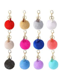 Auihiay 12 Pieces Pom Poms Keychains Fluffy Pompoms Keyring With Tassel Pendants