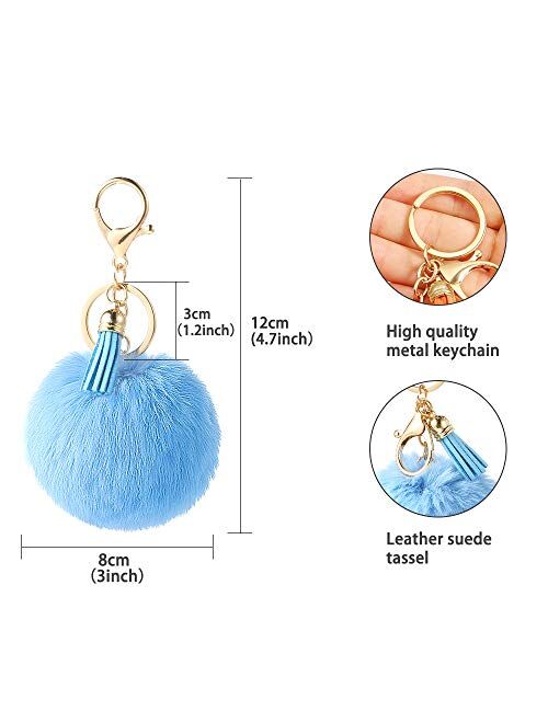 Auihiay 12 Pieces Pom Poms Keychains Fluffy Pompoms Keyring With Tassel Pendants