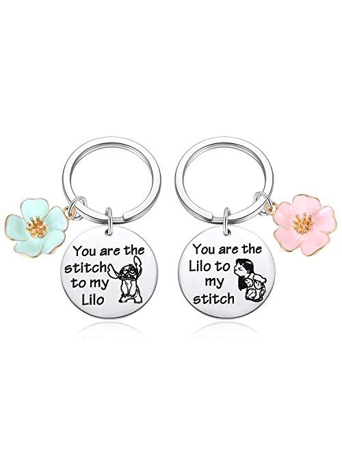 Stitch and Lilo Inspired Keychain Gift - You are The Lilo to My Stitch Keychains Cosplay Stich Jewelry Blue Pink Hibiscus Flowers Key Chains for Fans Collectors Friends B