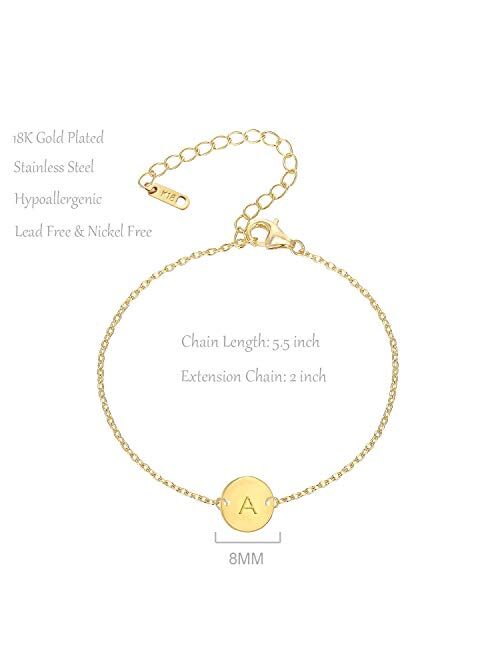 Glimmerst Personalized Initial Bracelet, 18K Gold Plated Stainless Steel Letter Bracelet Dainty Coin Charm Bracelet Delicate Disc Name Bracelet for Women Girls