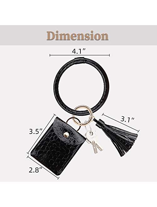 NICAV Keychain Wallet Bracelet, Upgraded Tassel Key Ring Bracelet with Wallet Card Holder Leather Bangle Key Ring for Women