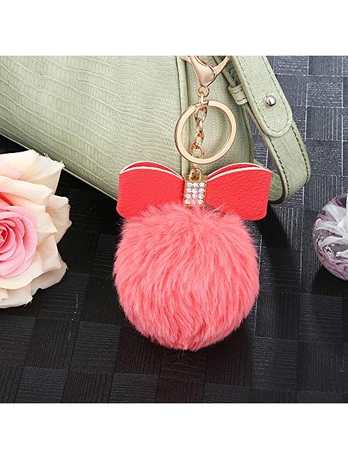 Auihiay 8 Pieces Fluffy Pom Poms Keychains Bow Rhinestone Pompoms keyrings for Car Bag DIY accessories