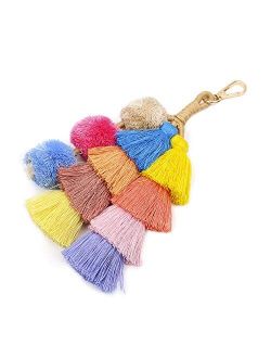 SNUG STAR Boho Pom Pom Key Chains Tassel Keychains Handmade Leather Keychains Flower Hanging
