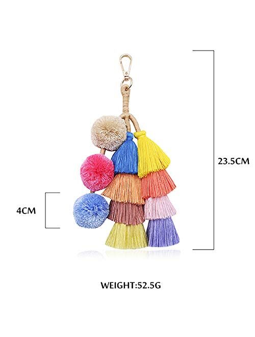 SNUG STAR Boho Pom Pom Key Chains Tassel Keychains Handmade Leather Keychains Flower Hanging