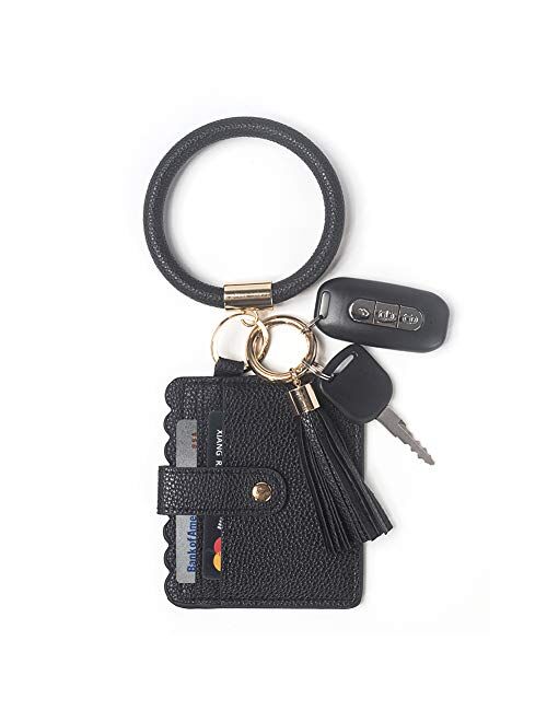 Hobein Multifunctional Bangle Key Ring Card Holder PU Leather Round Keychain Wallet With Matching Wristlet Wallet or Women Girls