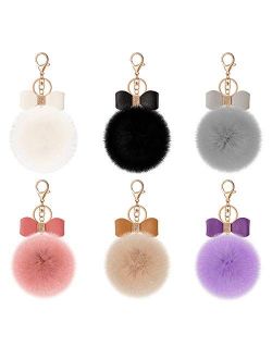Tongcloud 6pcs Fluffy Pom Poms Keychains Bow Rhinestone Fluffy Ball Key Chain Pompoms keyrings for Car Bag DIY accessories 