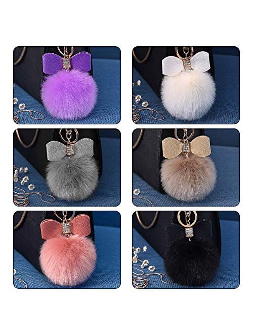 6PCS Fluffy Keychain Pom Pom, Rhinestone Bow Faux Fur Ball Bag Charm Pompoms Key Ring for Women Girls