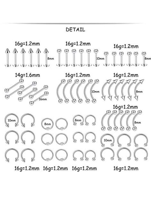 ORAZIO 84PCS Professional Piercing Kit Stainless Steel 14G 16G Belly Tongue Tragus Nipple Lip Nose Ring Body Jewelry