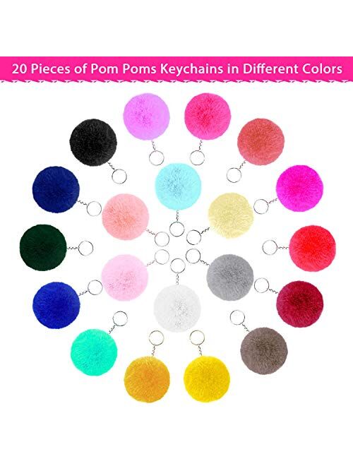Pom Poms Keychain for Girls Women, Flasoo 20pcs Pom Poms Keychain Bulk Puff Ball Keychain Fluffy Pompoms with Keyring for Keychains Bags