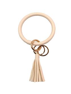 Bracelet Bangle Keyring Wristlet Keychain Large Circle Key Ring Pu Leather Tassel Key Holder for Women Girl - Upgraded Brass