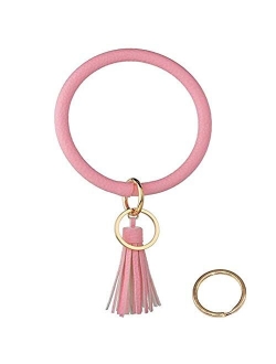 Bracelet Bangle Keyring Wristlet Keychain Large Circle Key Ring Pu Leather Tassel Key Holder for Women Girl - Upgraded Brass