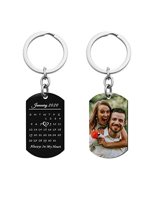 Queenberry Laser Engraved Personalized Calendar Date/Photo/Text Stainless Steel Dog Tag Keychain Personalized Photo Special Note to Hushand 
