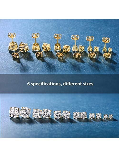 6 Pairs 14K Yellow Gold Plated Round Cut Clear Cubic Zirconia Stud Earring Pack