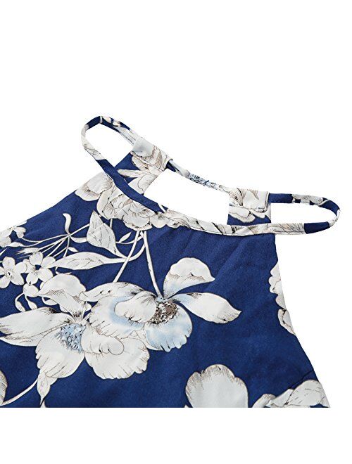Romacci Women's Sleeveless Halter Neck Maxi Dress Vintage Floral Print Backless Beach Long Dresses