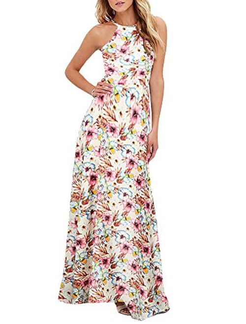 Romacci Women's Sleeveless Halter Neck Maxi Dress Vintage Floral Print Backless Beach Long Dresses