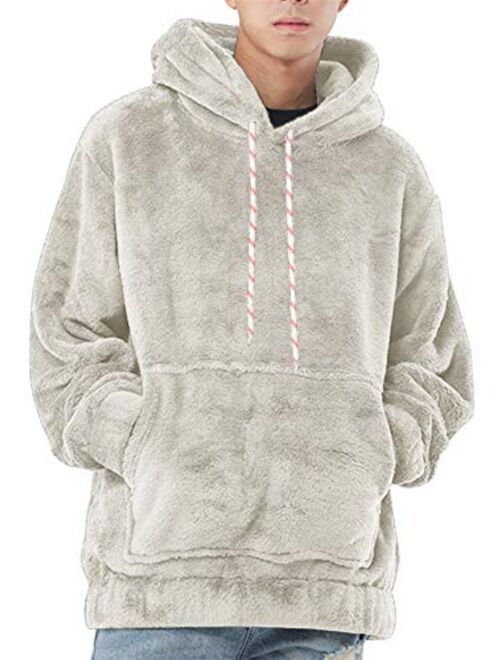 Ryannology Mens Fuzzy Drawstring Pullover Fleece Hoodies Soft Warm Winter Thicken Outerwear Fluffy Comfy Hoodie Sweatshirt