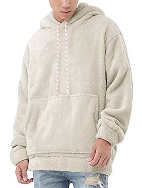 Ryannology Mens Fuzzy Drawstring Pullover Fleece Hoodies Soft Warm Winter Thicken Outerwear Fluffy Comfy Hoodie Sweatshirt