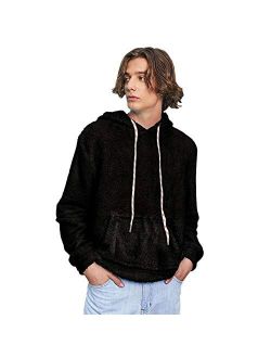 Men's Solid Color Fluffy Hoodies Unisex Long Sleeves Sherpa Patchwork Fuzzy Pullover Drawstring Hooded Sweatshirts with Pocket Black