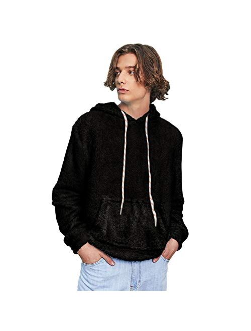 ZAFUL Men's Solid Color Fluffy Hoodies Unisex Long Sleeves Sherpa Patchwork Fuzzy Pullover Drawstring Hooded Sweatshirts with Pocket Black