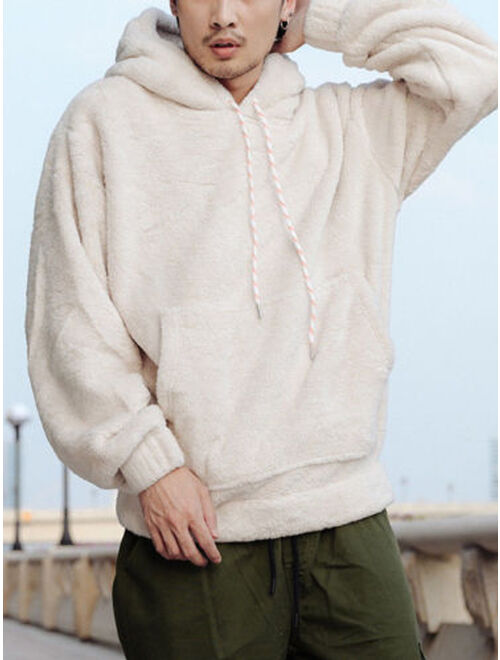 Listenwind Unisex Women Mens Solid Winter Fluffy Warm Hoodie Oversized Hooded Pullover Sweatshirt Outwear with Kangaroo Pocket