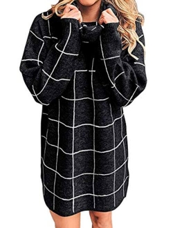 futurino Women's High Neck Turtleneck Grid Pattern Knitted Sweaters Pullover