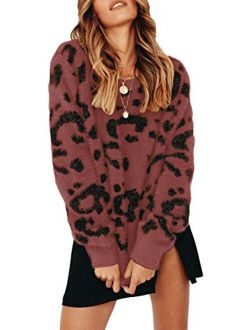Saodimallsu Womens Leopard Crewneck Sweater Oversized Casual Loose Basic Sherpa Pullover Knit Jumper