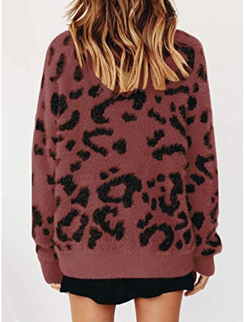 Saodimallsu Womens Leopard Crewneck Sweater Oversized Casual Loose Basic Sherpa Pullover Knit Jumper