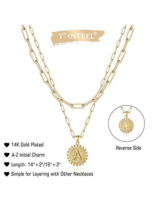Yoosteel Gold Initial Necklaces for Women Girls, 14K Gold Plated Dainty Layering Paperclip Link Chain Necklace Personalized Coin Initial Layered Gold Necklaces for Women