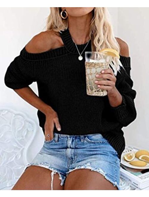 Womens Off Shoulder Sweaters Halter Cutout Back Loose Puff Long Sleeve Knit Pullover Jumper Tops