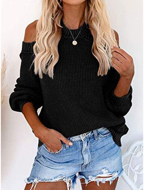 Womens Off Shoulder Sweaters Halter Cutout Back Loose Puff Long Sleeve Knit Pullover Jumper Tops