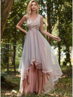 Asymmetrical Hem Applique Prom Dress