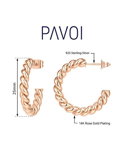 PAVOI 14K Gold Plated 925 Sterling Silver Twisted Rope Round Hoop Earrings in Rose Gold, White Gold and Yellow Gold