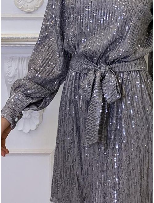 Missord Mock Neck Lantern Sleeve Belted Sequin Party Wear Night Out Dress
