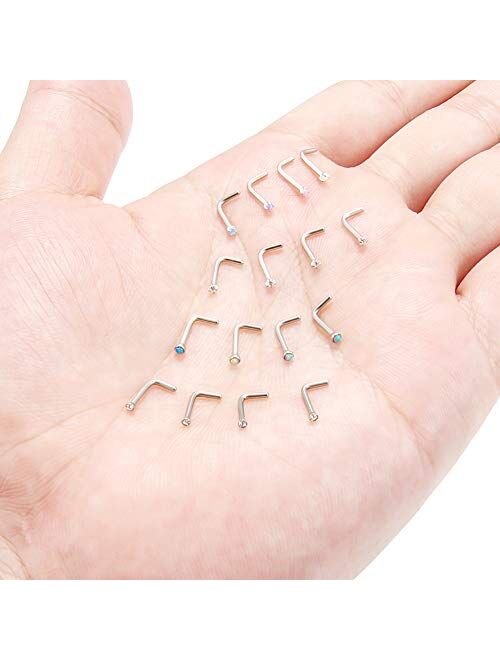 Ruifan 18G 316L Surgical Steel 1.5mm 2mm 2.5mm 3mm Jeweled Opal & Clear CZ Nose L-Shaped Rings Studs Ring Body Piercing Jewelry 8-16PCS