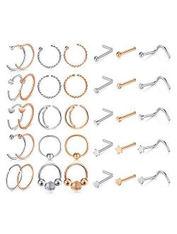 D.Bella 20G CZ Nose Rings Hoop L-Shaped Stainless Steel Nose Rings Studs Screw Opal Nose Studs C-Shaped Nose Piercing Hoop Jewelry 25pcs 35pcs