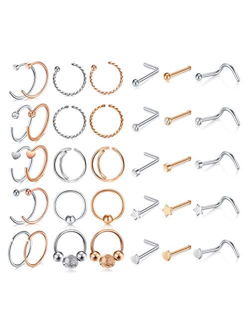 D.Bella 20G CZ Nose Rings Hoop L-Shaped Stainless Steel Nose Rings Studs Screw Opal Nose Studs C-Shaped Nose Piercing Hoop Jewelry 25pcs 35pcs