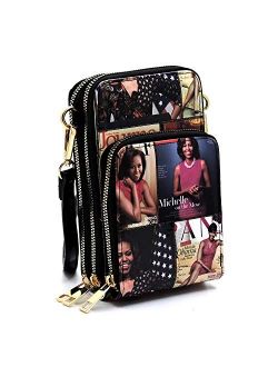 Magazine Cover Collage Michelle Obama Printed Crossbody Bag CellPhone Purse Wallet