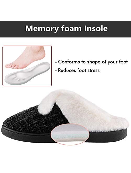 Homitem Women's Cozy Memory Foam Chenille Slippers with Memory Foam, Ladies'Fuzzy Fleece Lining Slip on House Slipper Shoes with Anti-Skid Rubber Sole Indoor Outdoor Shoe