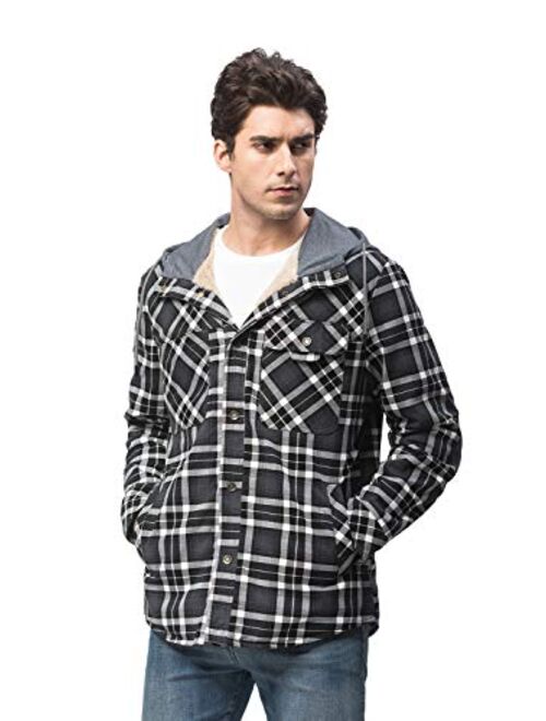 NEWHALL Men's Classic Plaid Long Sleeve Buttons Camping Warm Lining with Thick Cotton Hooded Shirt Jacket