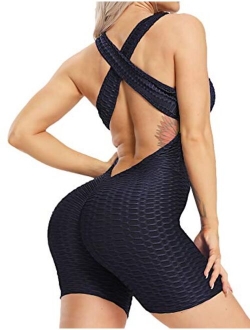 Women Yoga Jumpsuit Backless One Piece Workout Catsuit Bodysuit Sleeveless Textured Gym Bodycon Romper