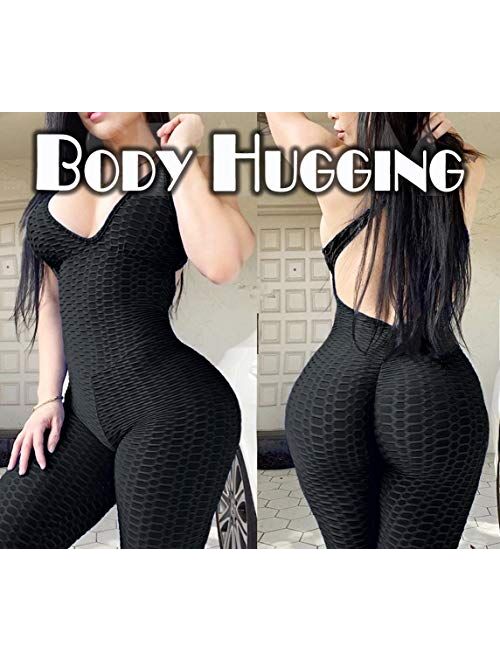 SEASUM Women Yoga Jumpsuit Backless One Piece Workout Catsuit Bodysuit Sleeveless Textured Gym Bodycon Romper