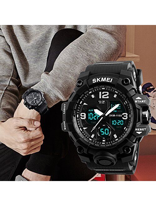 MJSCPHBJK Men's Analog Sports Watch, LED Military Wrist Watch Large Dual Dial Digital Outdoor Watches Electronic Malfunction Two Timezone Back Light Water Resistant Calen