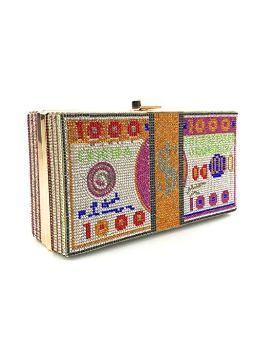 Money Clutch Rhinestone Purse 10000 Dollars Stack of Cash Evening Handbags