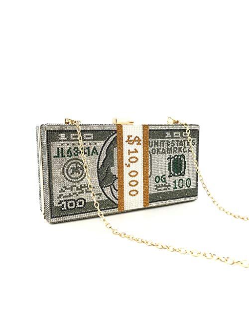 Money Clutch Rhinestone Purse 10000 Dollars Stack of Cash Evening Handbags