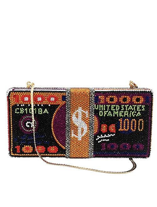 Boutique De FGG STACK OF CASH RICH Dollars Crystal Clutch Purses for Women Evening Bags Party Cocktail Rhinestone Handbags