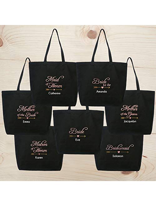 ElegantPark Wedding Bride Tote Bag Bridal Shower Bachelorette Party Gifts Black with Pink Embroidered Cotton