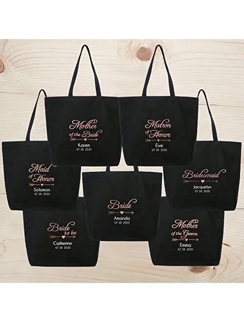 ElegantPark Wedding Bride Tote Bag Bridal Shower Bachelorette Party Gifts Black with Pink Embroidered Cotton