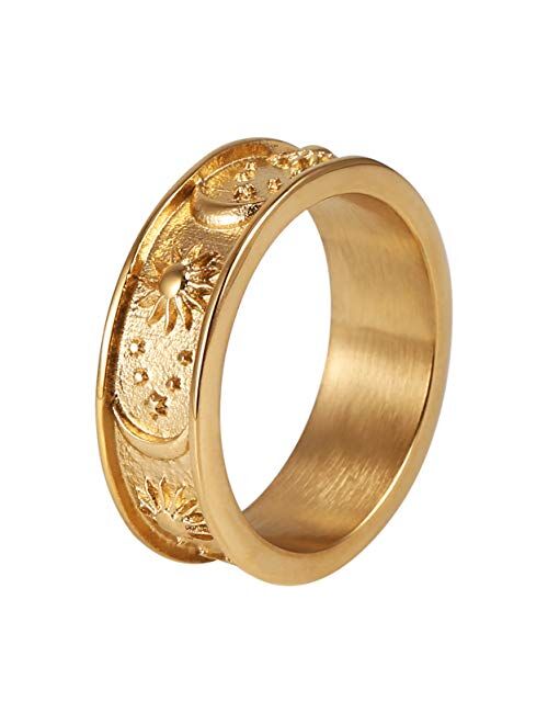 HZMAN 8mm Moon Star Sun Statement Ring Stainless Steel Boho Jewelry for Women Men