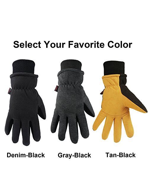 OZERO Winter Gloves Deerskin Suede Leather Palm with Big Patch - Water-Resistant Windproof Insulated Work Glove for Driving Cycling Hiking Snow Skiing - Thermal Gifts for