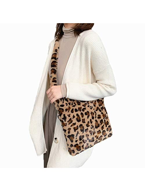 Angelliu Women Leopard Print Clutch Handbag Plush Faux Fur Tote Bag Shoulder Bag Corssbody Purse 